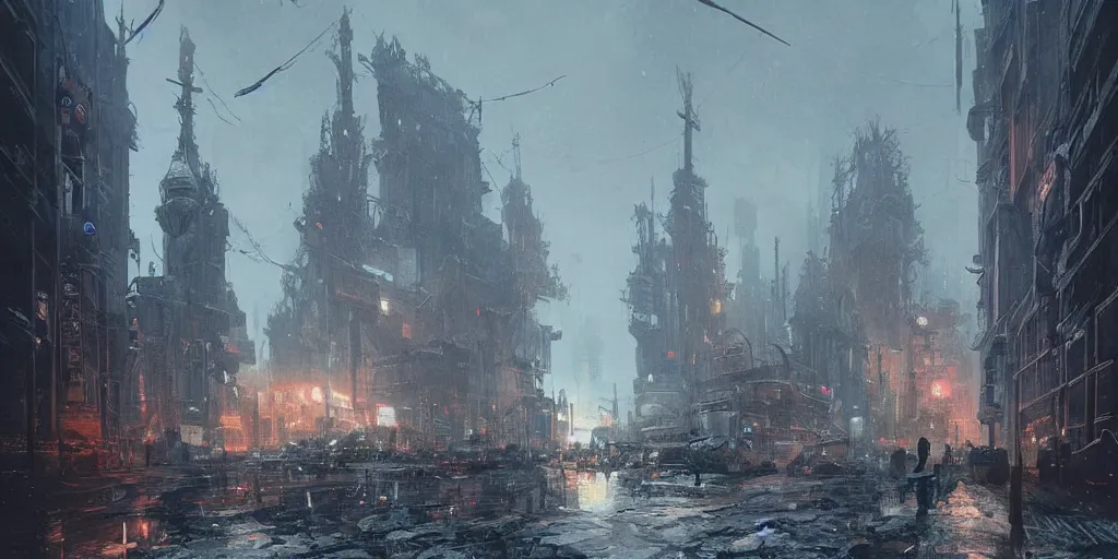 Image similar to cyberpunk depiction of the city of gdansk during arctic conditions by greg rutkowski