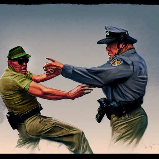 Prompt: hunter s thompson fighting a cop, concept art, 4 k,