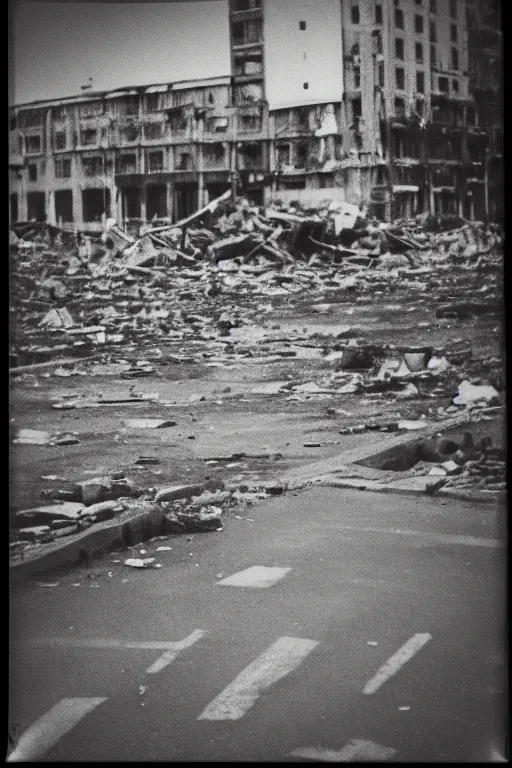 Image similar to photo polaroid of sad and lonely child in the middle of the street, destroyed buildings rubble, loneliness, war, black and white ,photorealistic, 35mm film,