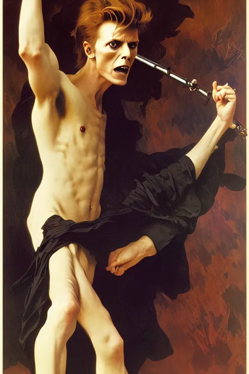 Prompt: david bowie as Screaming' Lord Byron, blue jean, J.C leyendecker, alphonse mucha ,William-Adolphe Bouguereau, yoshitaka amano , high resolution, hd, 4k