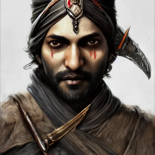 Image similar to Portrait of a Very handsome Indian man holding a sword, Bloodborne concept art, trending on Artstation, photorealistic image, 8k