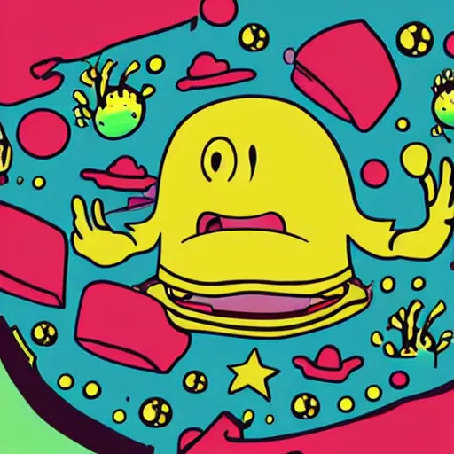 Prompt: pop - wonder - nft alien - meat half - tone - art of a sponge - bob - squidbilly wading through the goopy - muck and slithering about the castle side delights on a melted cheesy day in a hand - drawn vector, svg, cult - classic - comic - style