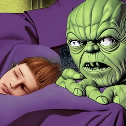 Prompt: photo of thanos sleeping in bed next to yoda