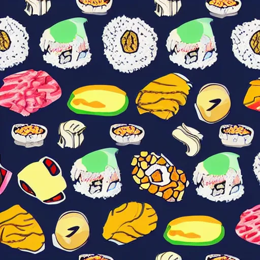Prompt: japanese food print pattern of onigiri, sushi, and ramen. cute illustration. hand drawn. digital art.