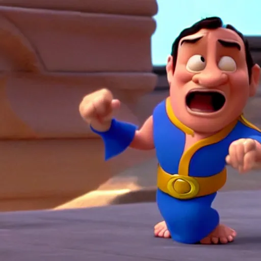 Prompt: a pixar animation of robin williams turning into the genie from disney's aladin as he fights in a fist fight with bruce willis from die hard