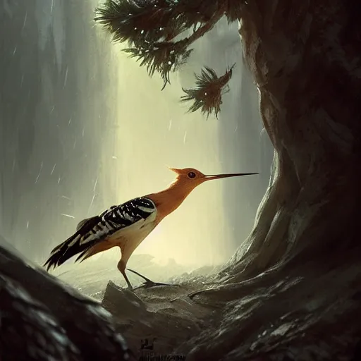 Image similar to hoopoe with his crest in avila pinewood, 4 k, concept art, by wlop, ilya kuvshinov, artgerm, krenz cushart, greg rutkowski, pixiv. cinematic dramatic atmosphere, sharp focus, volumetric lighting, cinematic lighting, studio quality