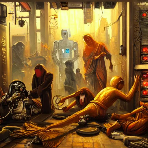 Image similar to beautiful detailed religious oil painting of a war between robotic cyborg Street kids and business people in suits, cyberpunk