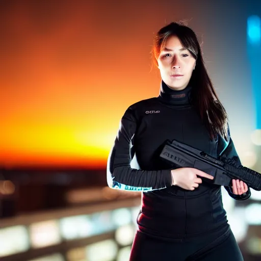 Image similar to photographic portrait of a techwear woman holding a Glock 18, closeup, on the rooftop of a futuristic city at night, sigma 85mm f/1.4, 4k, depth of field, high resolution, 4k, 8k, hd, full color