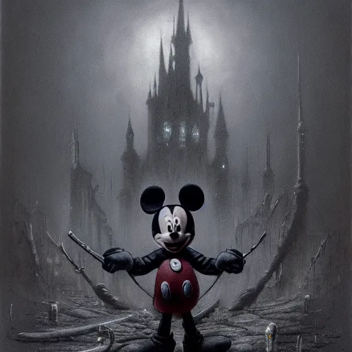 Prompt: Mickey mouse as a bloodborne boss by zdzisław beksiński