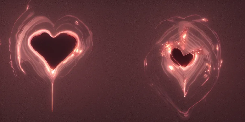 Prompt: rose gold heart dripping liquid against a deep black background, symmetrical, octane render, v-ray, 8k