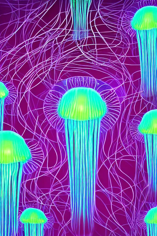 Image similar to luminescent jellyfish, symmetrical, highly detailed, digital art, sharp focus, trending on art station, lava lamp