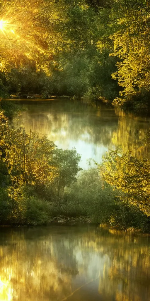 Image similar to river in a forest, golden hour, ray tracing reflection, 8k, hyper realistic, insainly detailed, hdr, octan render