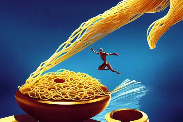 Image similar to olympic diver made of pasta diving into a dish of pasta, splash, art deco intricate ripples, fantasy, elegant, highly detailed, sharp focus, art by artgerm and beeple and greg rutkowski and wlop