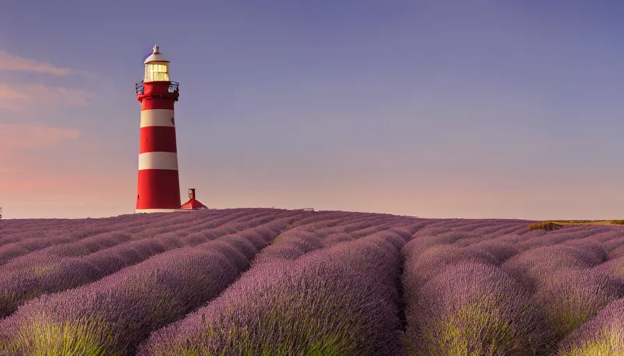 Prompt: wide screenshot, ultrawide, wes anderson film still, lighthouse on a beach near a lavender field