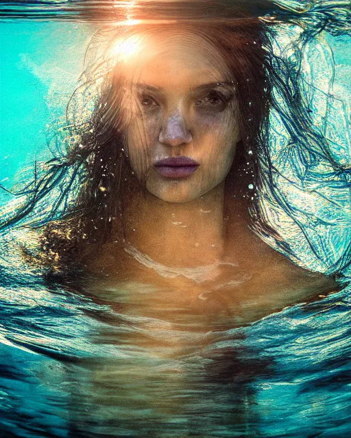 Image similar to portrait of woman underwater during sunrise, sunrays, flowing fabrics, caustics, rippling water, photoshoot, flowing hair, haunting, iconic, fine-art, masterpiece, trending on artstation