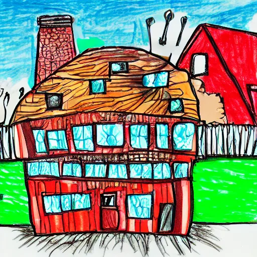 Image similar to drawing of a house with kids made out of food leftovers. Highly detailed. Art by Gordon Ramsey