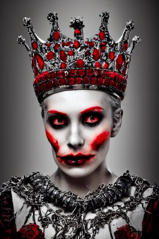 Image similar to a queen with half skull with an red crown, hints of silver jewelry, gothic, eerie, intricate detail, dramatic lighting, fire, red, 8 k