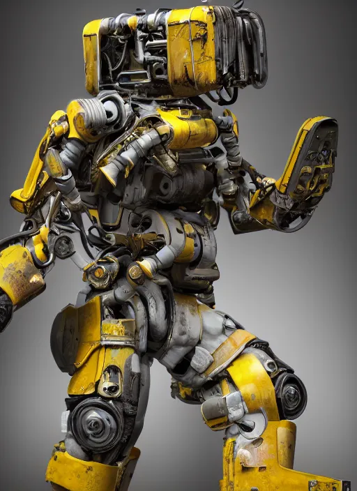 Image similar to a photorealistic dramatic hyperrealistic render of a futuristic exosuit power loader heavy machinery, ultra realistic details, glossy yellow, well worn, rust, oil stains by vitaly bulgarov and mike nash, beautiful dramatic dark moody tones and lighting, cinematic atmosphere, studio lighting, global illumination, shadows, dark background, octane render, 8 k