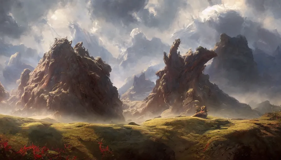 Prompt: excellent painted ancient daemon in an epic landscape in another dimension with fluffy clouds, painted by Hans Fredrik Gude, Greg Rutkowksi, Craig Mullins and Artgerm, concept art 2022, 4k, ultra realistic highly detailed oil painting
