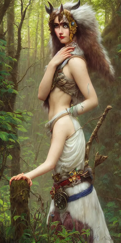 Prompt: hyper realistic Princess Mononoke wearing her mask, lush forest landscape, style of tom bagshaw, mucha, james gurney, norman rockwell, gems and gold, waterfalls, denoised, sharp,