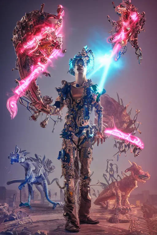 Image similar to full-body rococo and cyberpunk style sculpture of a young handsome Spanish prince half android with a chest exposing circuitry, glowing pink laser eyes, crown of blue gears and diamonds, swirling salmon-colored silk fabric, robotic raptors dinosaurs. baroque elements. full-length view. intricate artwork by caravaggio. Trending on artstation, octane render, cinematic lighting from the right, hyper realism, octane render, 8k, depth of field, 3D