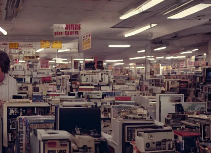 Image similar to cinematic wide shot of backlit windows of a narrow used electronics store, bryan cranston wanders the messy aisles, keyboards, iconic scene from the paranoid thriller sci fi film directed by wes anderson, anamorphic cinematography, beautiful composition, color theory, leading lines, photorealistic, volumetric lighting