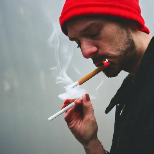 Image similar to photo of aspic meat jelle smoking cigarette under rain