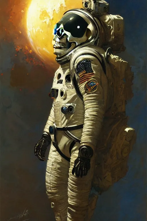 Prompt: skull in a nasa spacesuit portrait dnd, painting by gaston bussiere, craig mullins, greg rutkowski, yoji shinkawa