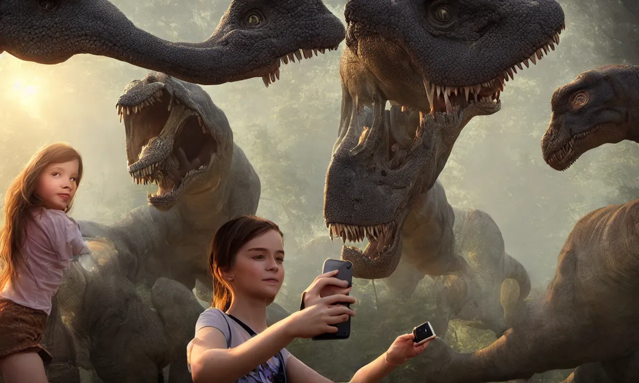 Image similar to portrait of a girl making selfie with her beloved tyrannosaurus, high detail, raytracing, back light, digital art, raymarching, by zdenek burian