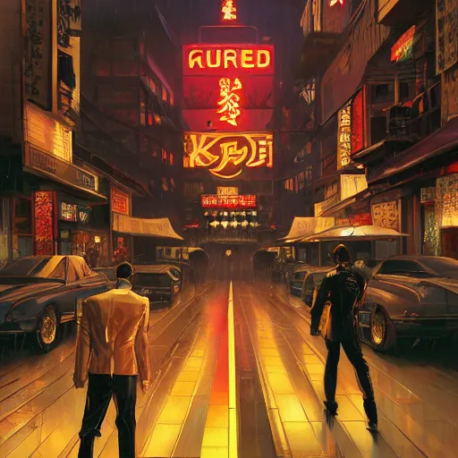 Prompt: sargent and leyendecker and greg hildebrandt, yakuza kiryu kazama kamurocho, with neon signs, while it's raining, stephen bliss, unreal engine, fantasy art by greg rutkowski, loish, rhads, ferdinand knab, makoto shinkai, ilya kuvshinov, rossdraws, global illumination, radiant light, detailed and intricate