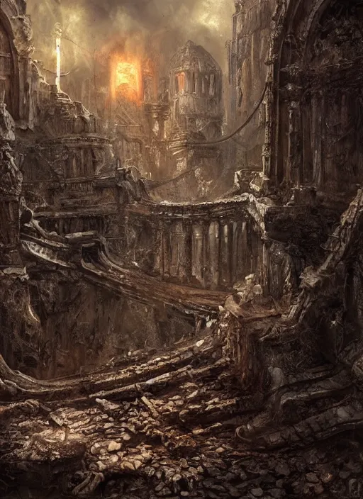 Prompt: ruins in hell, oil painting by tomasz jedruszek, cinematic lighting, pen and ink, intricate line, hd, 4 k, million of likes, trending on artstation
