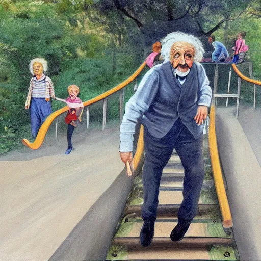 Image similar to painting of albert einstein going down a large slide in a public park with many children, by caspar david