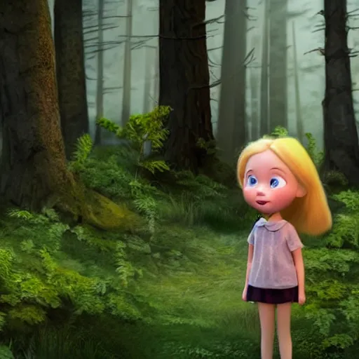 Prompt: young seven year old girl, blond hair green eyes, rinding a gray wolf, in a dark forest, still from a pixar disney movie