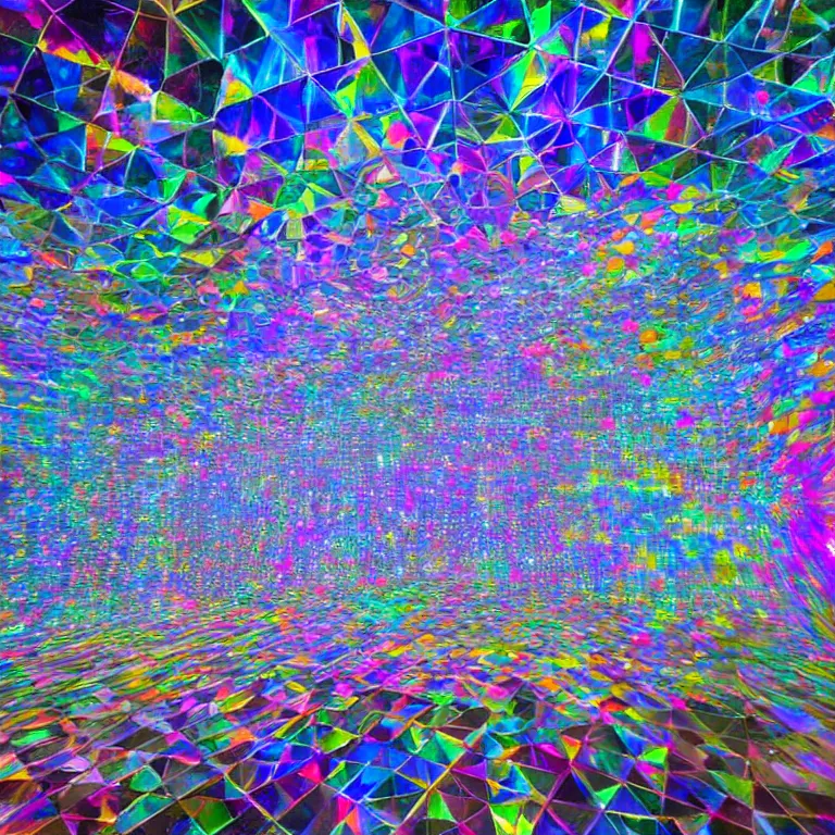 Prompt: a fractal mirror room with prisms of hd fractal light glass, refracting waves of all colors through prism light. rays of light cascade through millions of prisms, drawing amazing patterns around the room.