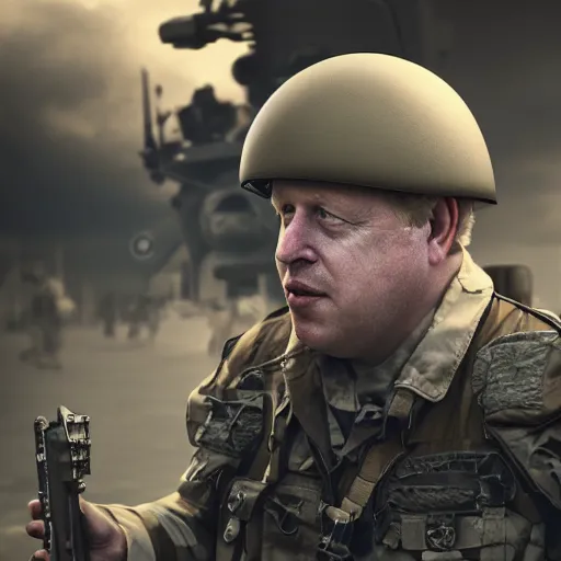 Image similar to boris johnson with military helmet on in kyiv, realistic, long shot, sunny lighting, octane render, gq magazine, hyper realistic, high quality, highly detailed, hd, beautiful, cinematic, 8 k, unreal engine, facial accuracy,