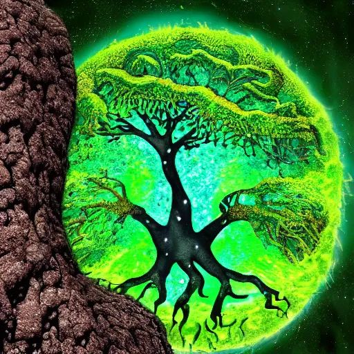 Image similar to giant tree of life being consumed by green lava