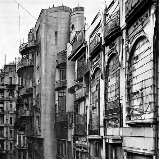 Image similar to barcelona in 1 9 1 8, retrofuturism, steampunk, gothic quarter, modernist buildings, art deco, footbridges between houses, steam pipes