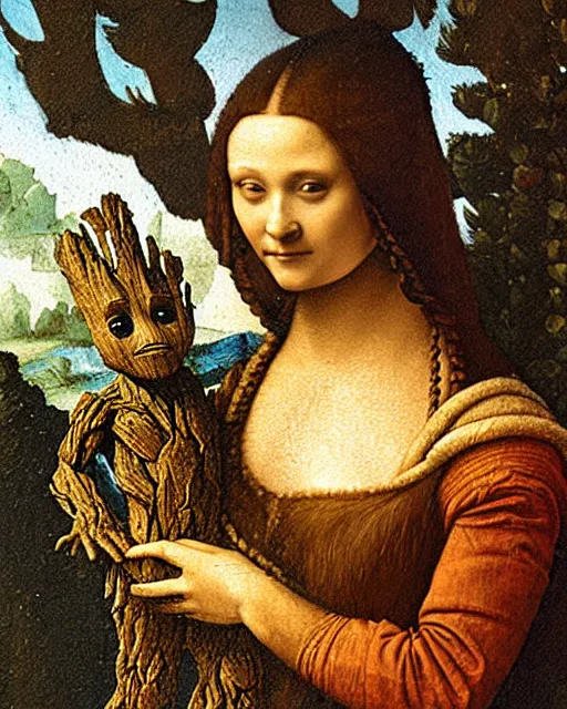 Image similar to a oil painting of lady with an groot, by leonardo da vinci.