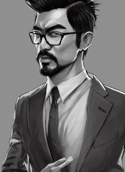 Image similar to a highly detailed illustration of fierce short black haired asian man with goatee wearing suit, dramatic reading book pose, muscular, intricate, elegant, highly detailed, centered, digital painting, artstation, concept art, smooth, sharp focus, league of legends concept art, WLOP