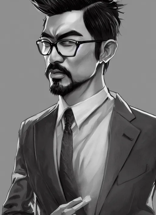 Prompt: a highly detailed illustration of fierce short black haired asian man with goatee wearing suit, dramatic reading book pose, muscular, intricate, elegant, highly detailed, centered, digital painting, artstation, concept art, smooth, sharp focus, league of legends concept art, WLOP