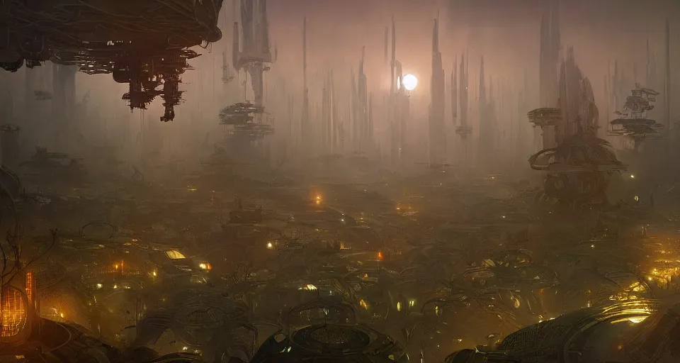 Prompt: Retro futuristic Sci-Fi space forest scene, Giant Aztec space city, volumetric light, fog, dusk lighting, intricate details ,by denis villeneuve, Ridley Scott, Greg Rutkowski and Alphonse Mucha