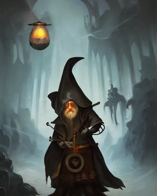 Image similar to male fantasy gnome spy, wearing a hooded cloak, playing a magical mandolin, shadowy figure by peter mohrbacher, artstation