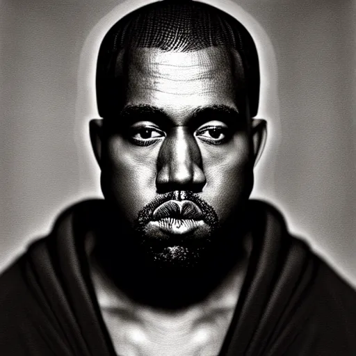 Image similar to a chiaroscuro lighting portrait of kanye west dressed as rick owens, black background, portrait by julia margaret cameron, shallow depth of field, 8 0 mm, f 1. 8