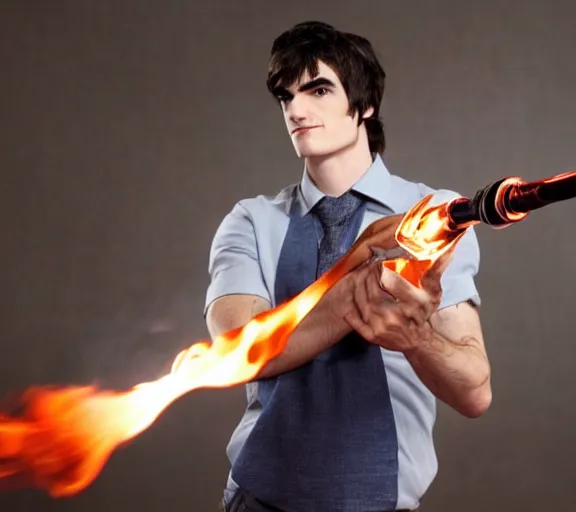 Prompt: rj mitte holding a flamethrower, movie still, upper body shot, photorealistic, clean composition