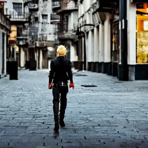 Prompt: young blonde beautiful male boy assassin walking on city street, final fantasy