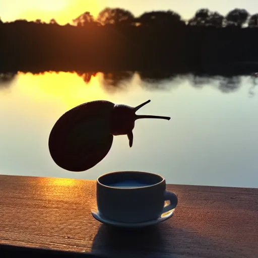 Image similar to a snail watching the sun rise whilst drinking a cup of tea, early morning light, beautiful day