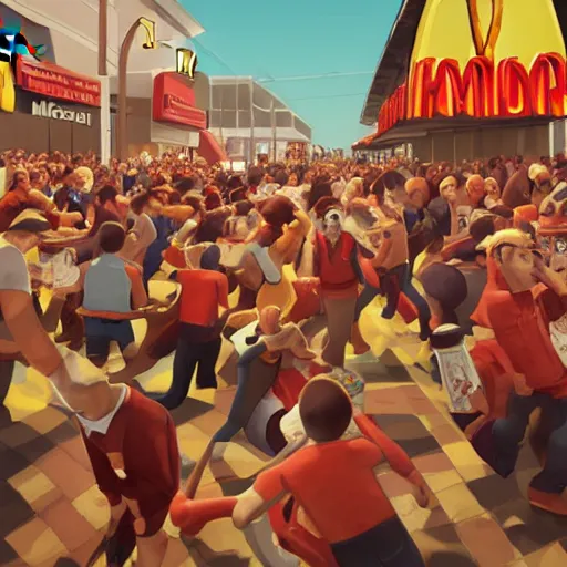 Prompt: people riot for getting macdonalds hamburgers. artstation, art surreal