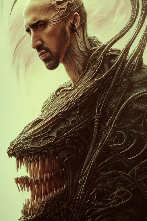 Image similar to very very beautiful longshot photo of chthonic Nicholas Cage, highly detailed, artstation, concept art, smooth, sharp focus, illustration, art by Ayami Kojima, Beksinski, Giger