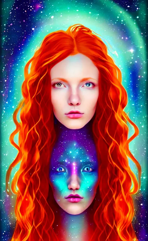 Image similar to space astral portrait of a beautiful girl, red hair, ginger hair, fantasy, glowing skin, smooth face, perfect eyes, half body shot, tarot card