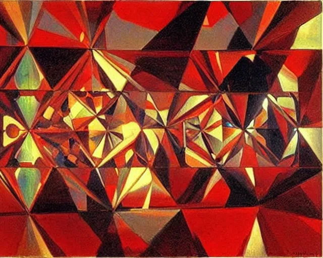 Image similar to painting by john singer sargent. hypercubes, tesseracts, three dimensional shadows of higher dimensional objects. diamonds and gold and bright red streaks of light. john singer sargent art style